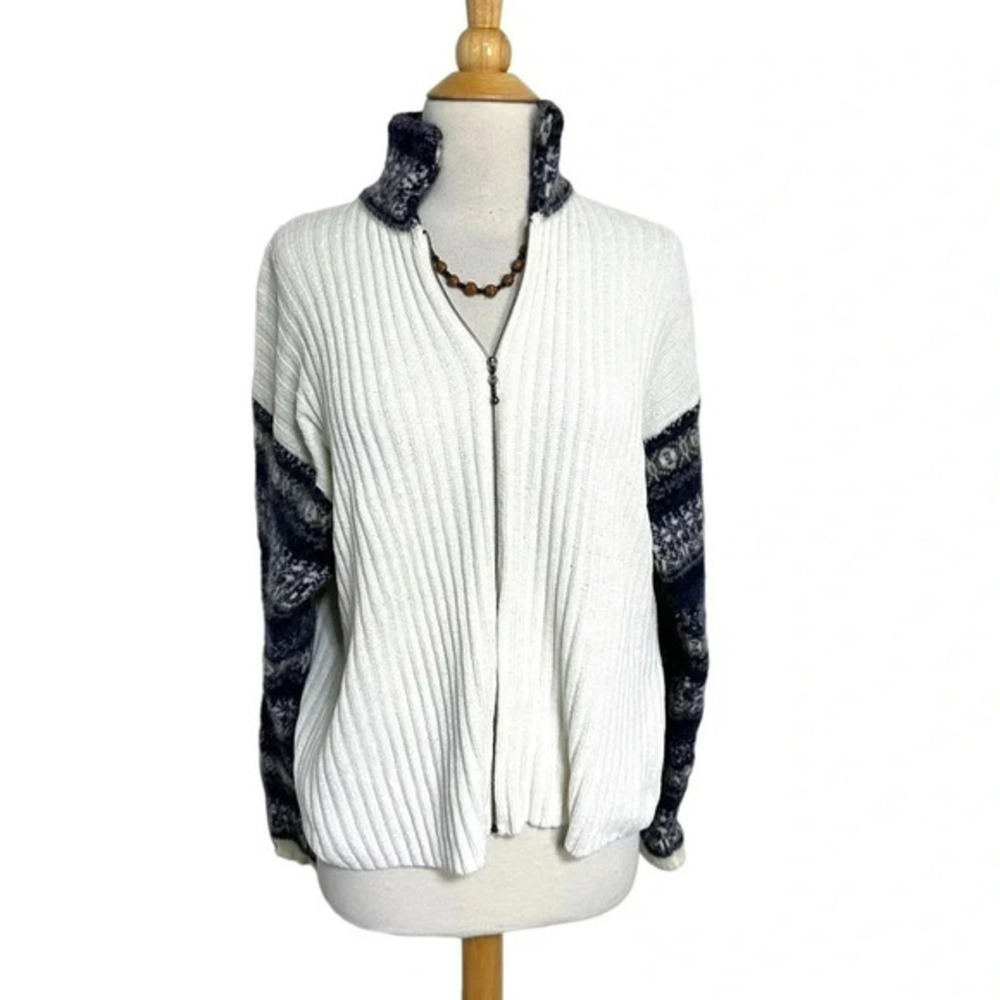 Mac & Jac L boho off white & blue wool blend zip cardigan